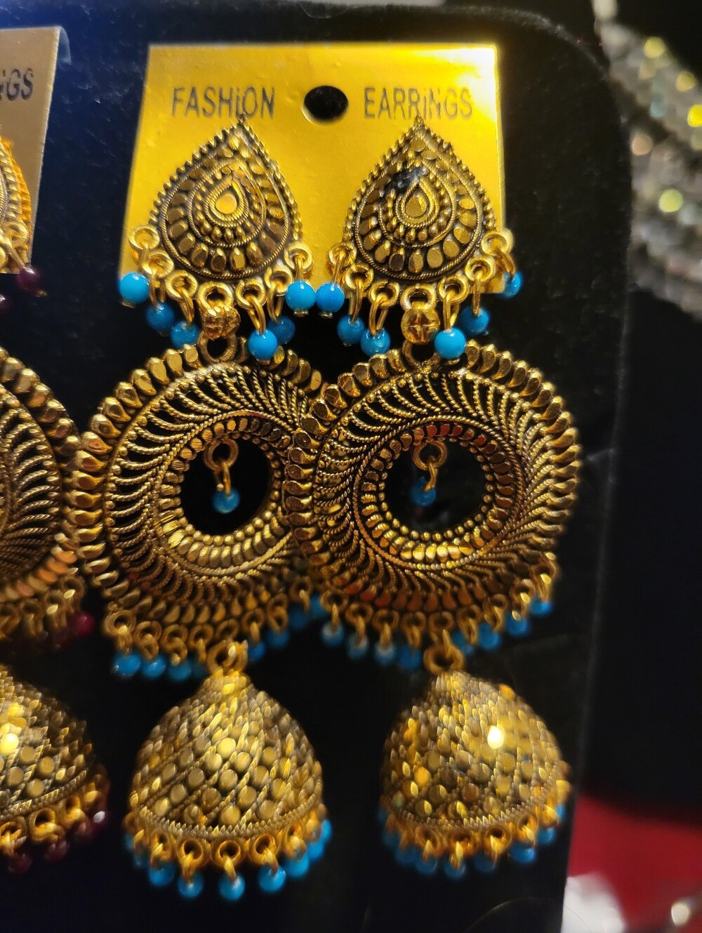 Gold-Tone Blue Beaded Chandbali Earrings